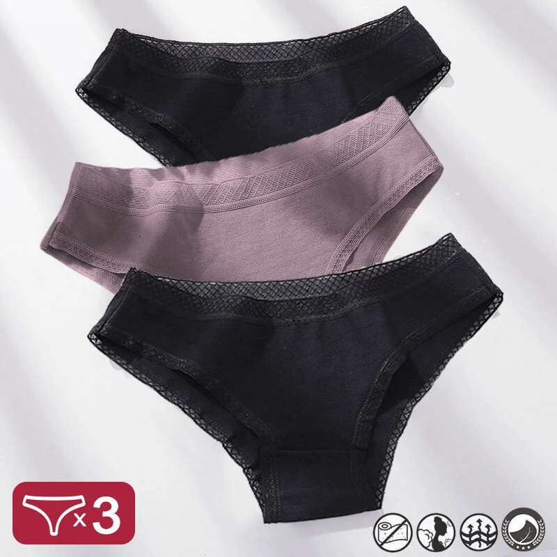 3PCS/Set Mesh Waistband Cotton Panties Women's Briefs Underwear Sexy Lingerie Panties Female Underpants Solid Color Girls Pantys