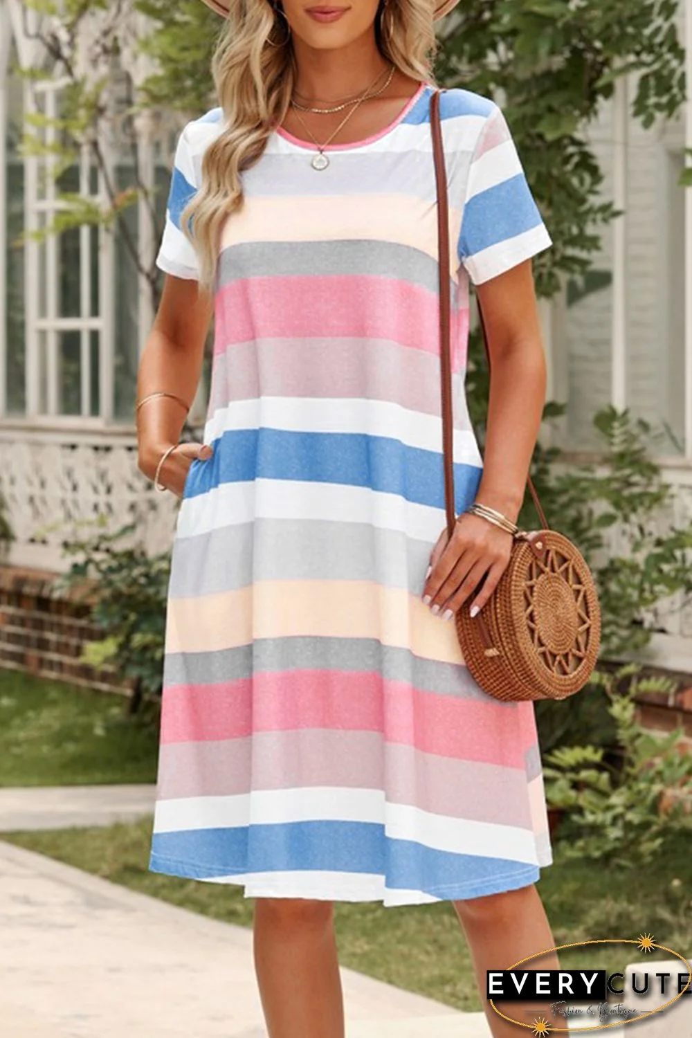 Multicolor Striped Pocket T Shirt Dress
