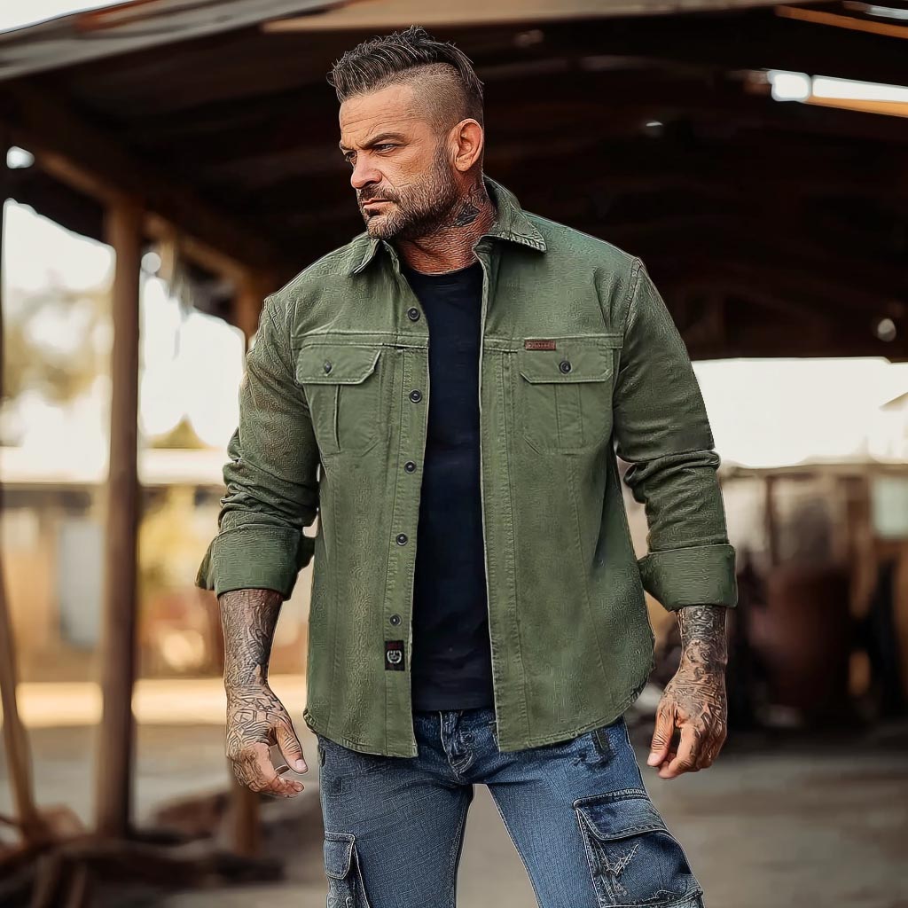 Men's Vintage Outdoor Workwear Pocket Long Sleeve Lapel Utility Shirt