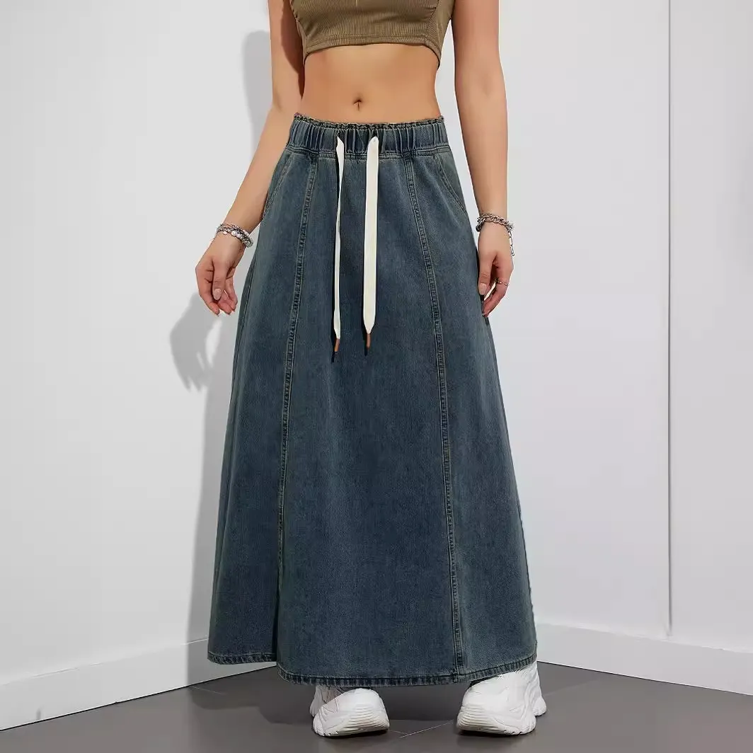 Women Elastic Waist Denim Maxi Skirt