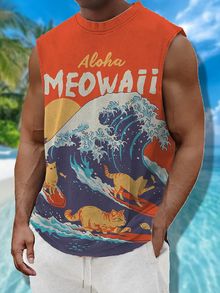 Men's Cat Surfing Meowaii Vacation Print Tank Top