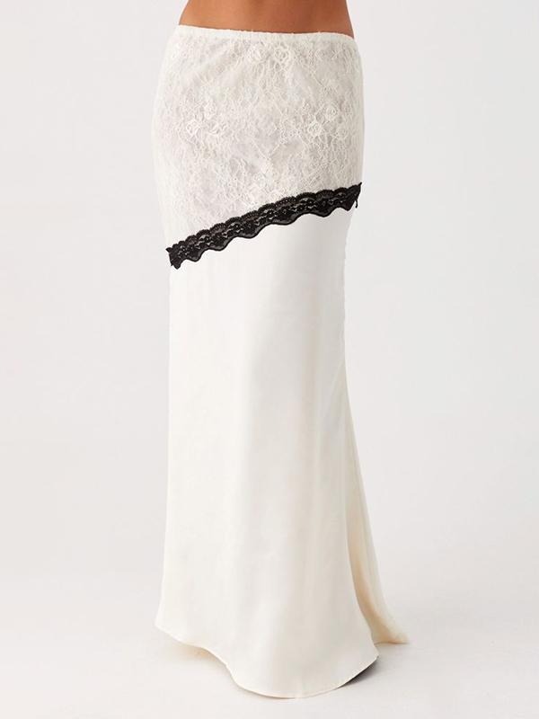 Lace Trim Low Rise Cut Patchwork Elastic Waistband Maxi Skirt