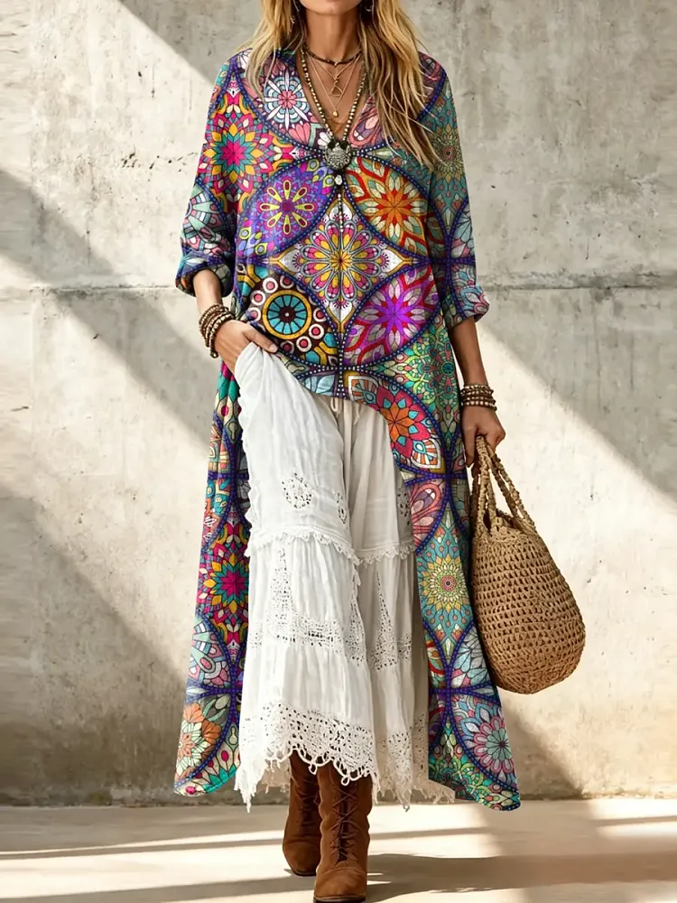 Women's Casual Retro Loose Fitting Long Back Hem Pattern Print Cotton Linen Shirt
