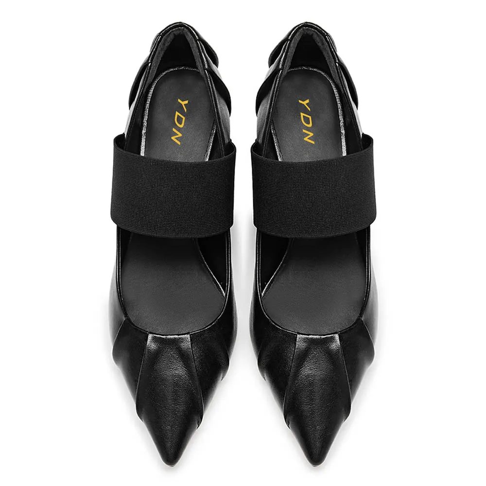 Black Elastic Band Pointed Toe Pleated Pumps Shoes with Kitten Heels