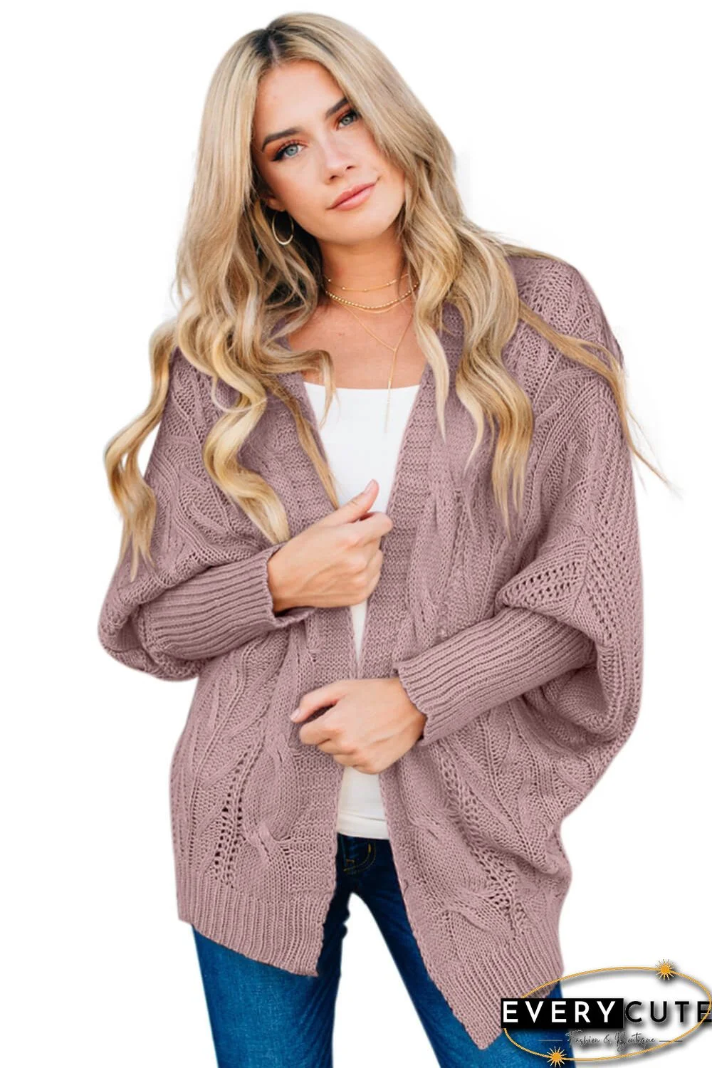 Pink Dolman Sleeve Open Front Knit Cardigan