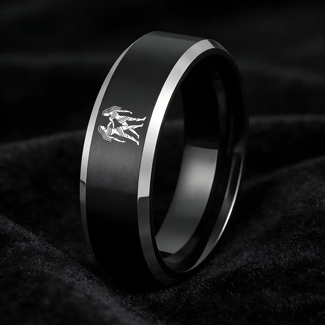 Black Gemini Tungsten Carbide Rings Beveled Edges Black Laser Etched Couple Wedding Bands 4MM 6MM 8MM Width