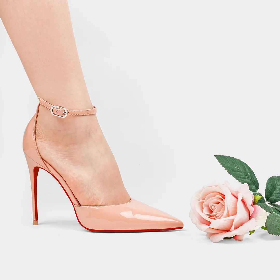 3.94" Women's Ankle Buckle Pointed Toe Pumps Wedding Party Red Bottoms High Heels-MERUMOTE