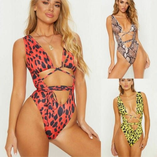 One Piece Women Sexy Swimwear Leopard Print Bikini Deep V neck Bandage Cross Padded Bra Beach Bathing Suit Swimsuit Outfits