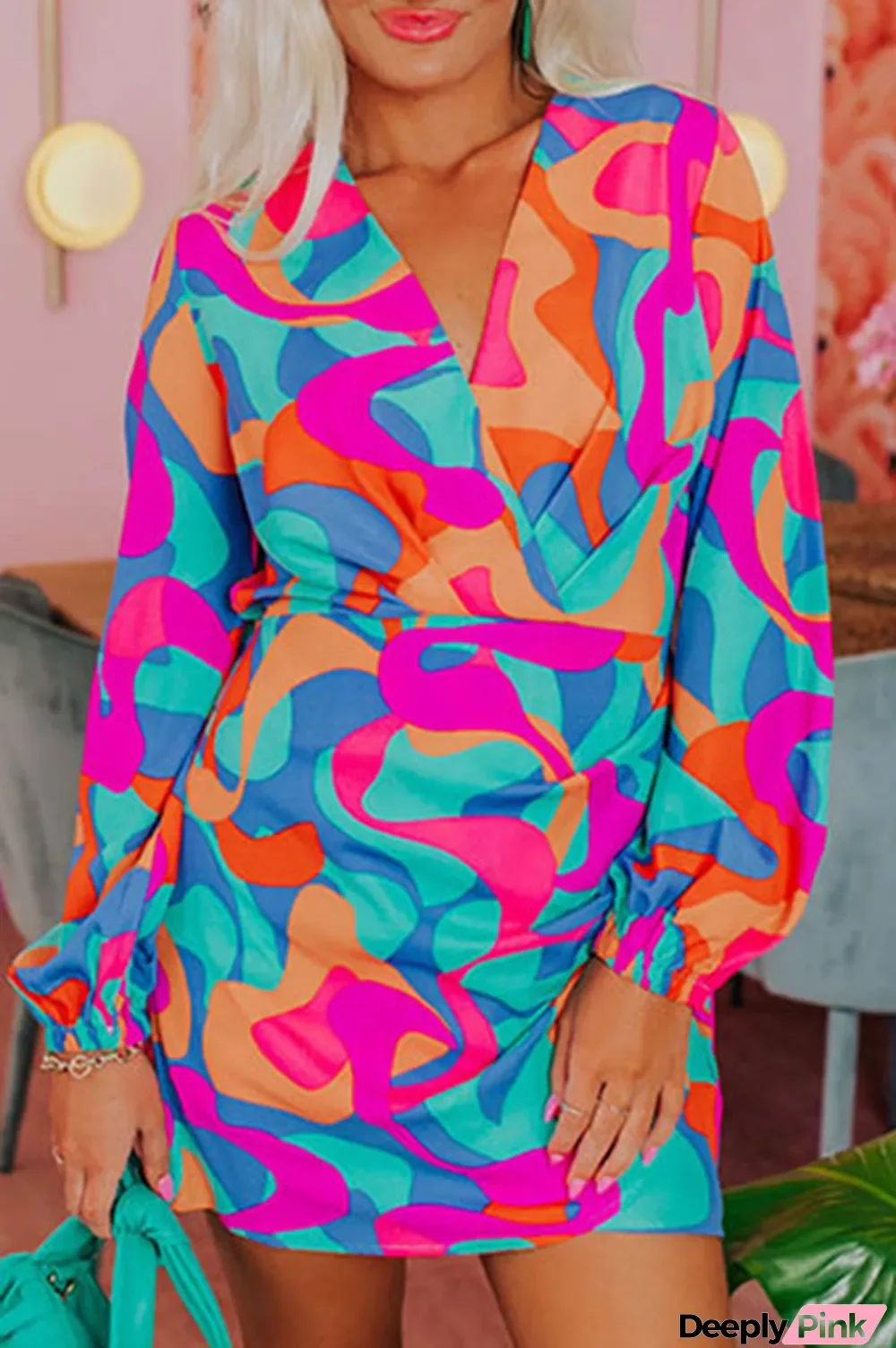 Multicolor Abstract Print Wrap V Neck Puff Sleeve Dress