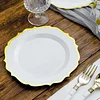 10 Pack | 8" White Plastic Dessert Salad Plates, Disposable Tableware Round With Gold Scalloped Rim