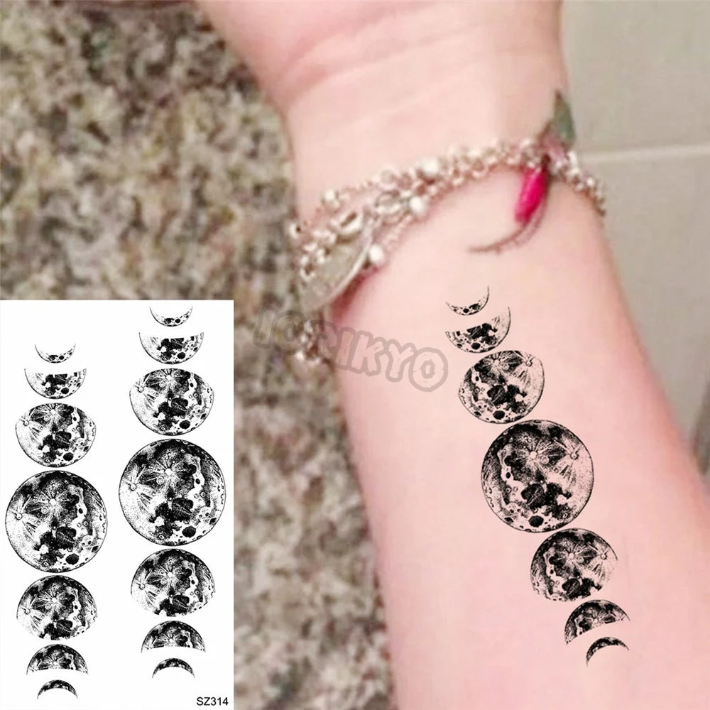Black Pencil Sketch Henna Lotus Temporary Tattoos For Women Girls Realistic Planet Dandelion Fake Tattoo Sticker Back Arm Tatoos