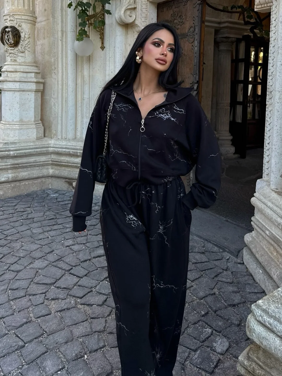 Athvotar Athvotar Push Branch Print Hooded Jacket Set Black And White Optional Loose Version Of Ultra-Comfortable Fashion Woman