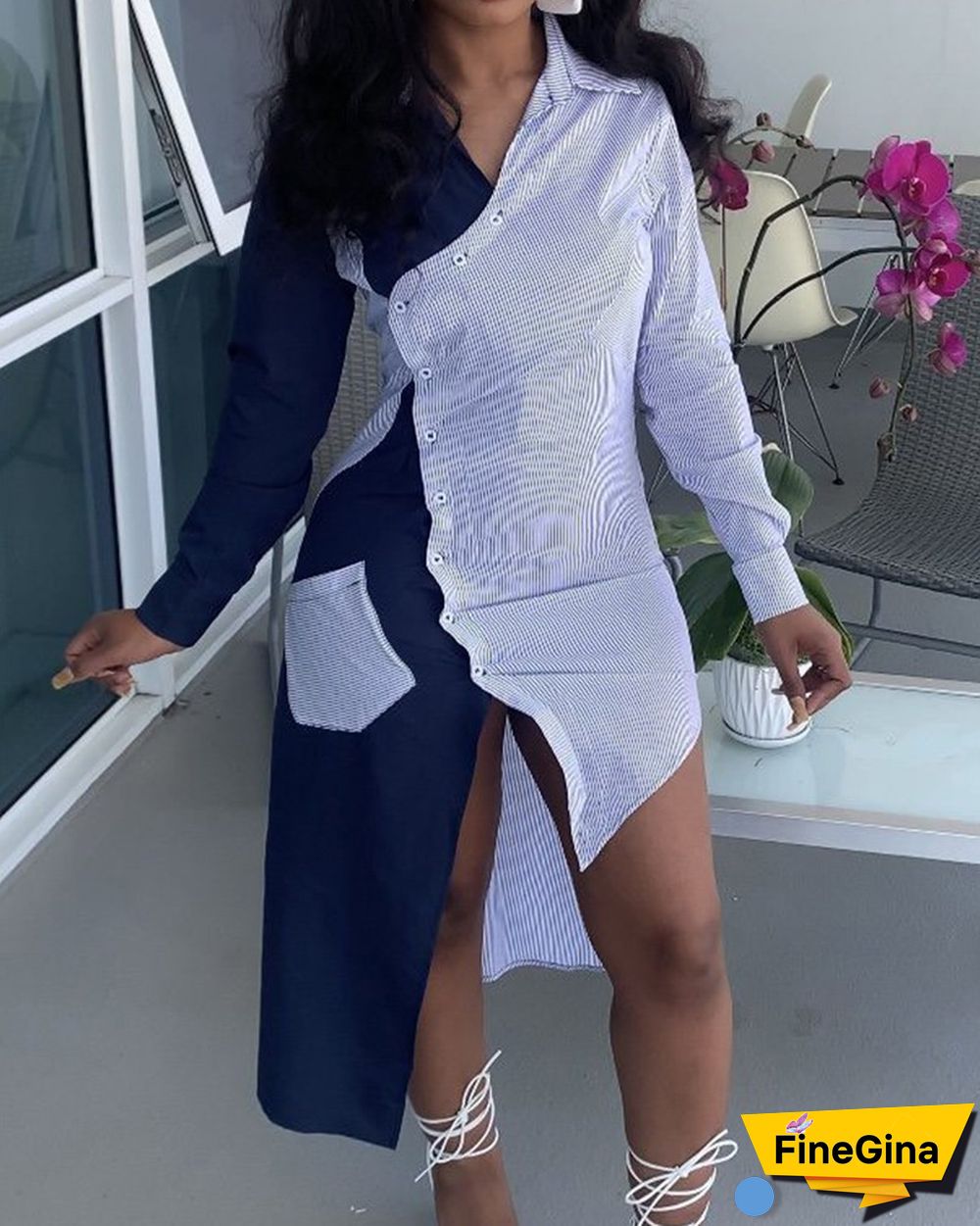 Colorblock Button Pocket Design Shirt Long Dress