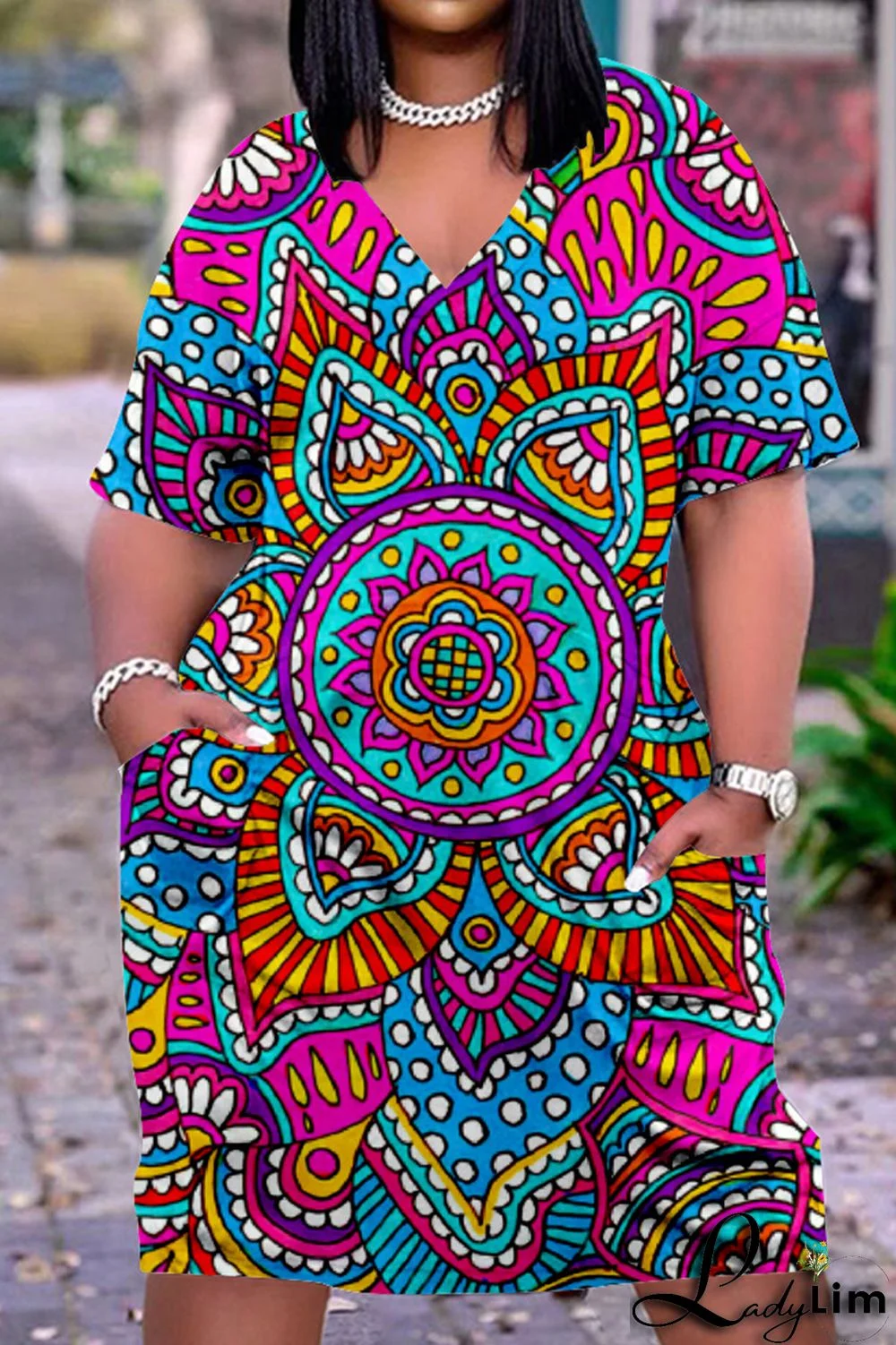 Colour Fashion Casual Print Basic V Neck Short Sleeve Dress