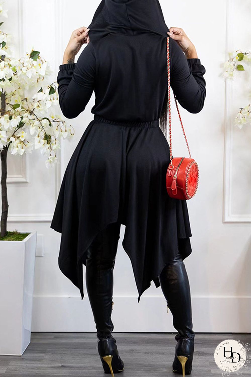 Black Casual Solid Split Joint Asymmetrical Zipper Hooded Collar Irregular Dress Dresses