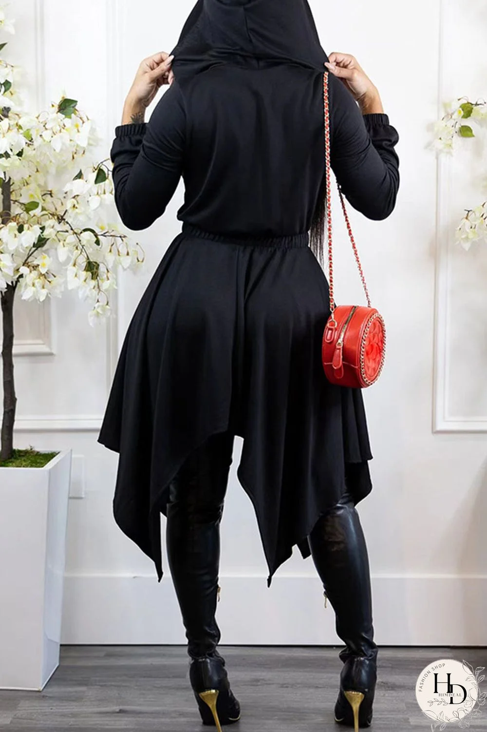 Black Casual Solid Split Joint Asymmetrical Zipper Hooded Collar Irregular Dress Dresses