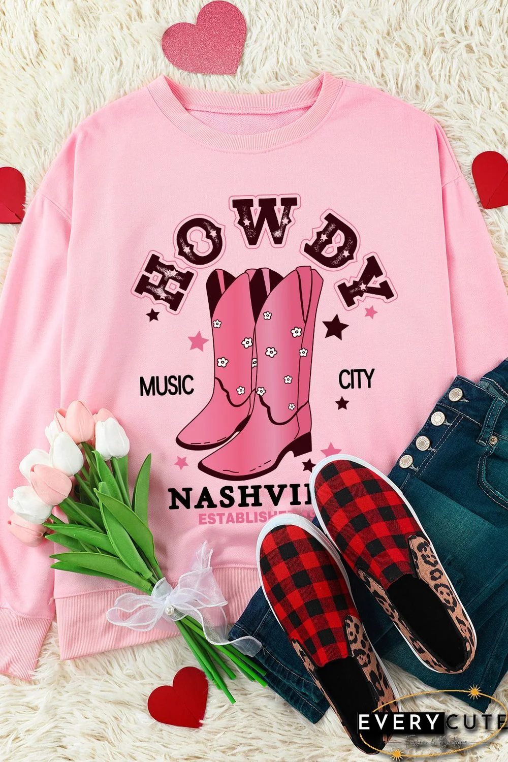 Pink HOWDY NASHVILLE Vintage Western Graphic Sweatshirt