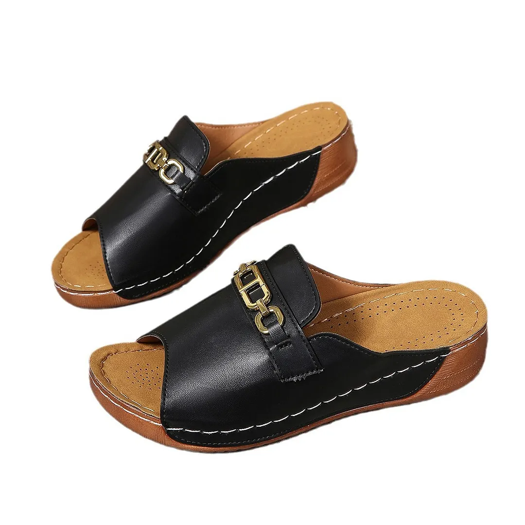 Breakj Breakj New Summer Thick-Bottomed Fish Mouth Slippers Women's Shoes Large-Size Wide Strips Thick-Bottomed Slippers