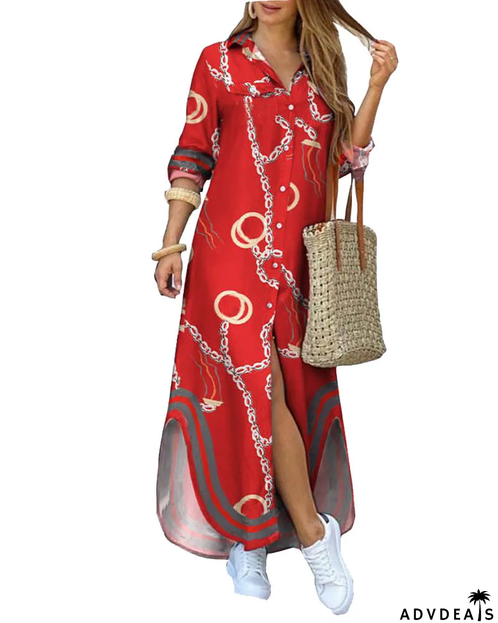 autumn and winter printed long-sleeve shirt dress