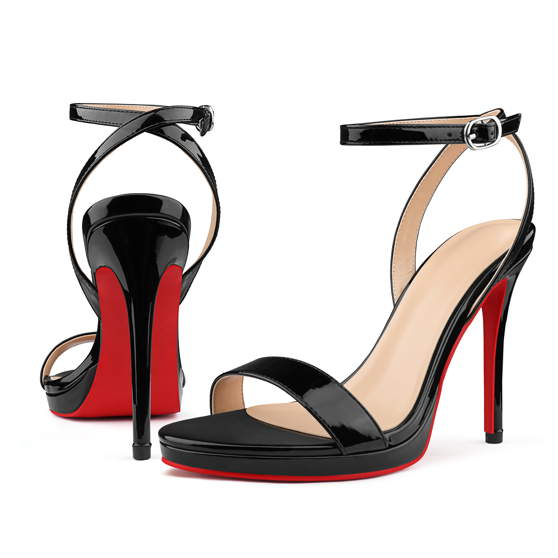 120mm Women's Low Platform Sandals Round Open Toe Red Bottom Ankle Straps Pumps-MERUMOTE