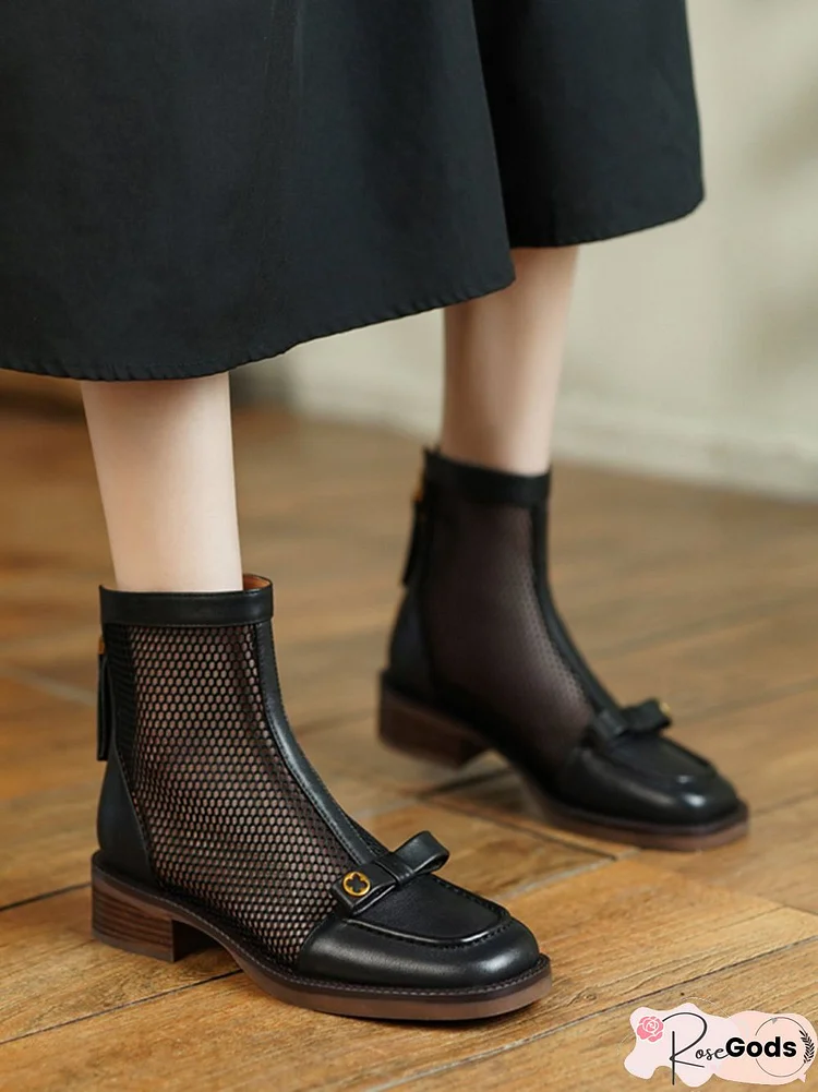 Bow Metal Button Mesh Panel Leather Booties