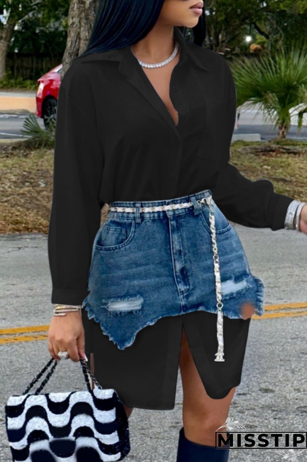 Black Casual Solid Ripped Turndown Collar Long Sleeve Two Pieces