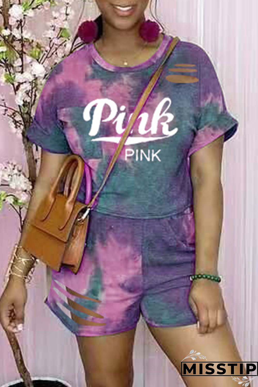 Purple Casual Patchwork Tie-dye O Neck Short Sleeve Two Pieces