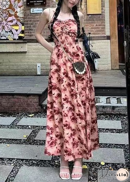 Sexy Red Ruffled Lace Up Print Cotton Long Dresses Sleeveless