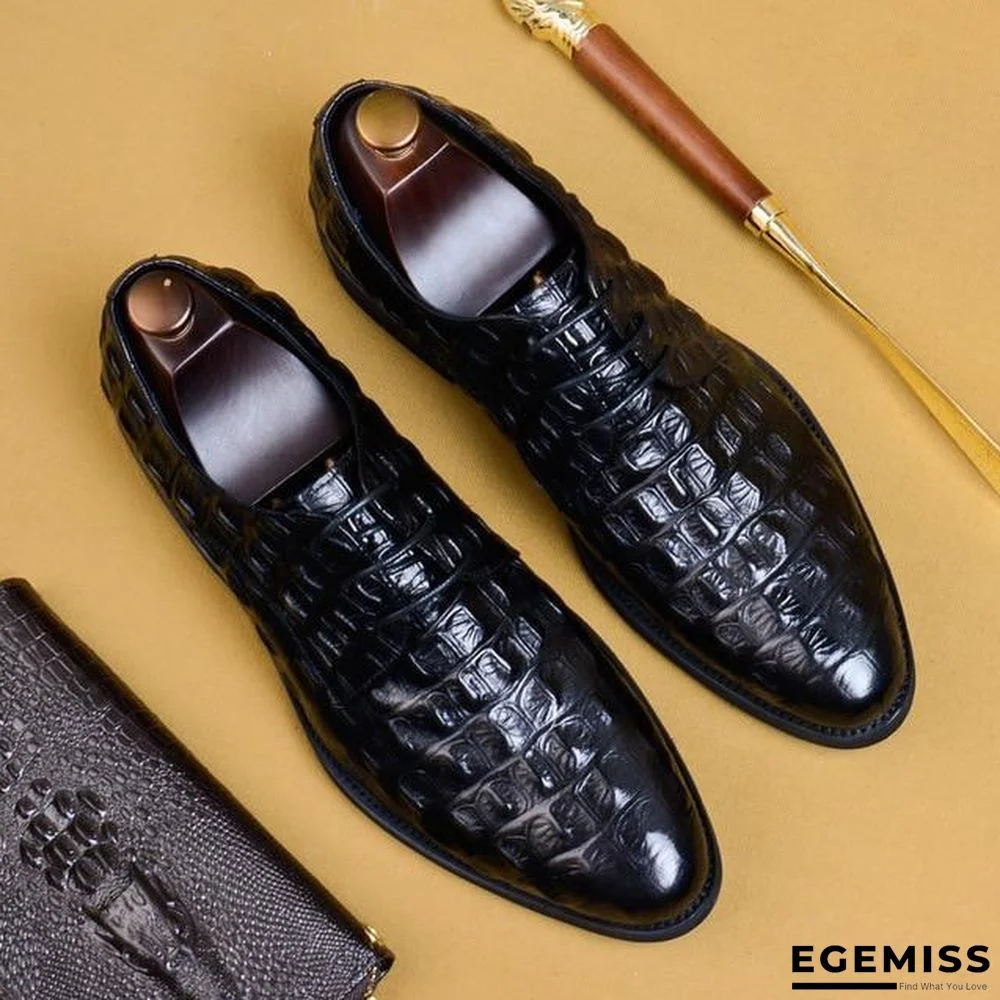 Luxury Men Dress Shoes Crocodile Pattern Genuine Leather Pointed Toe Lace Up Formal Shoes | EGEMISS