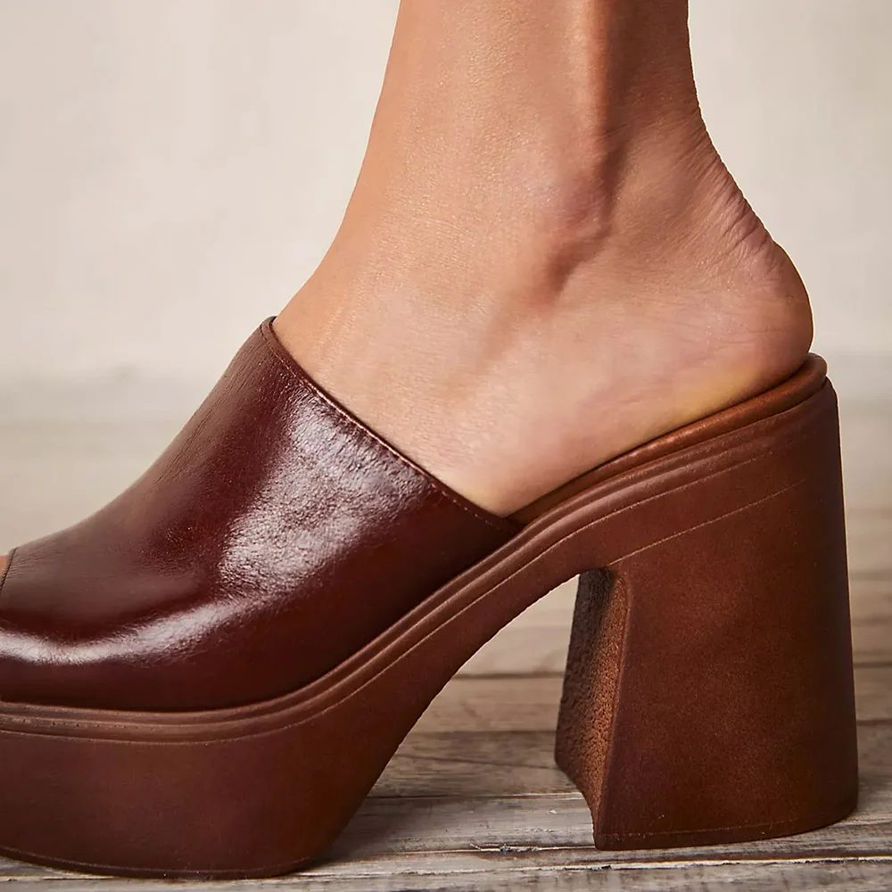 Women's Brown Square Toe Wide Strap Platform Heel Slip On Sandals