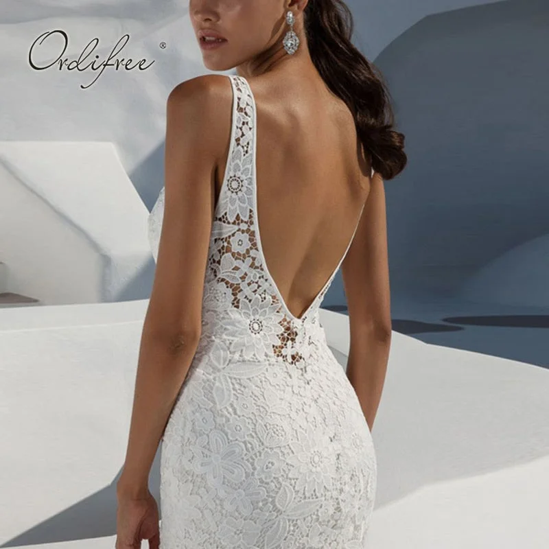 Ordifree 2022 Summer Women Long Party Dress Sexy Sleeveless Backless Floor Length White Lace Maxi Dress
