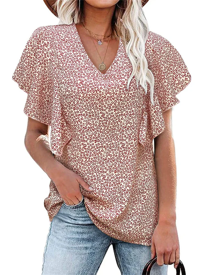 New Fashion Women's Summer Floral V-neck Chiffon Shirt Ruffle Sleeve Three-quarter Sleeve Temperament Elegant Loose Pullover T-shirt