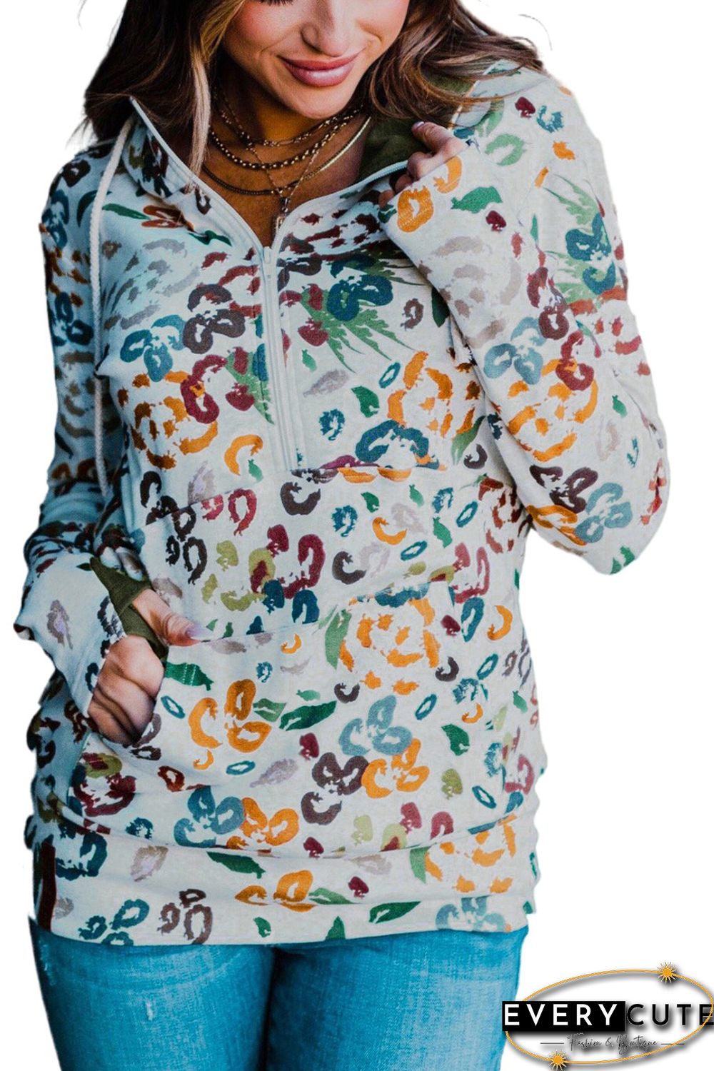 Leopard Print Zipper Collar Hoodie with Kangaroo Pocket