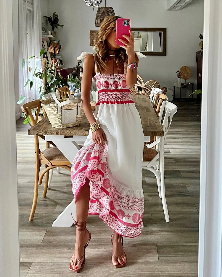 Women's Lace-up Printing Sweet Elastic Bust Bohemian Dress