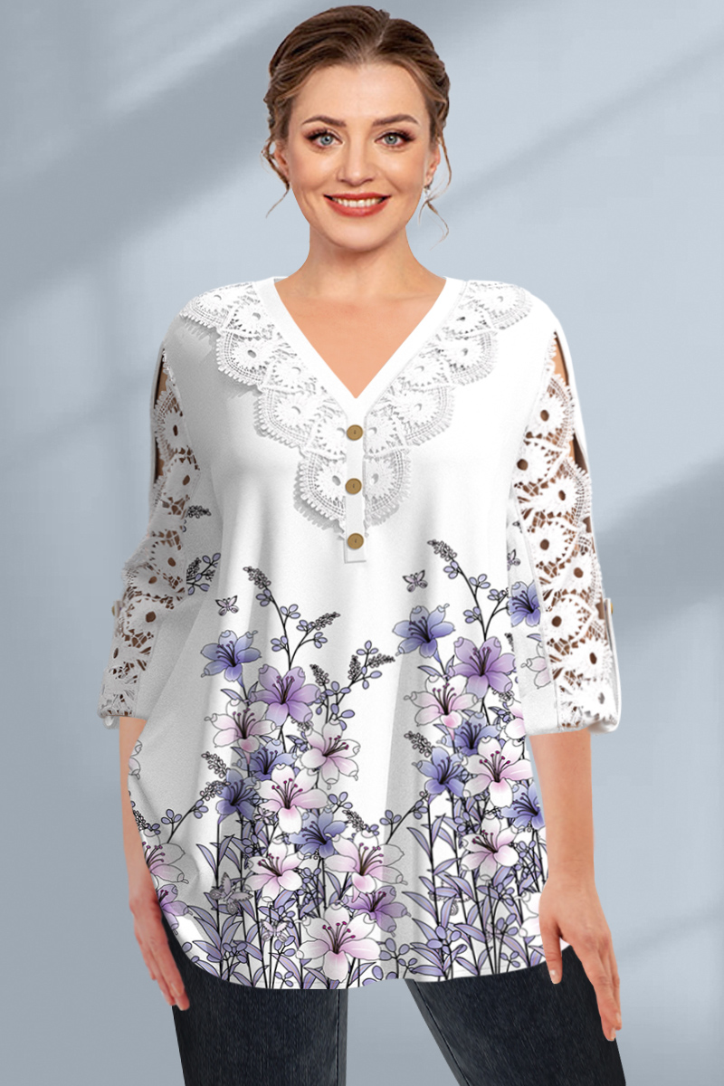 Flycurvy Plus Size Lace Patchwork Floral Print 3/4 Sleeve Blouse (US Shipping Only) 2024 - Flycurvy 