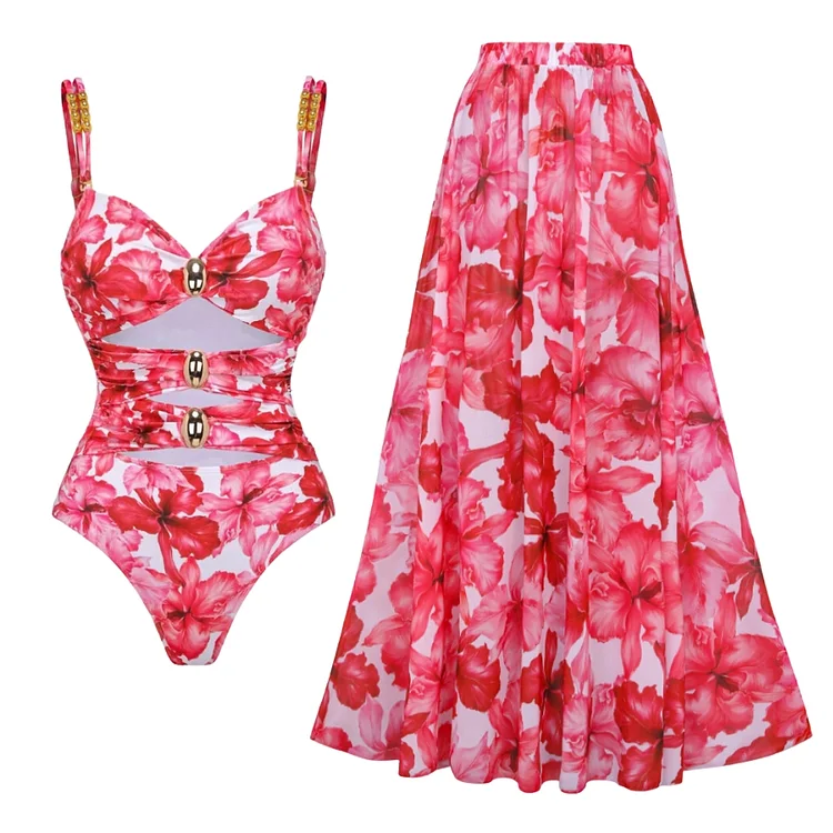 Cutout Flower Print One Piece Swimsuit and Skirt Flaxmaker