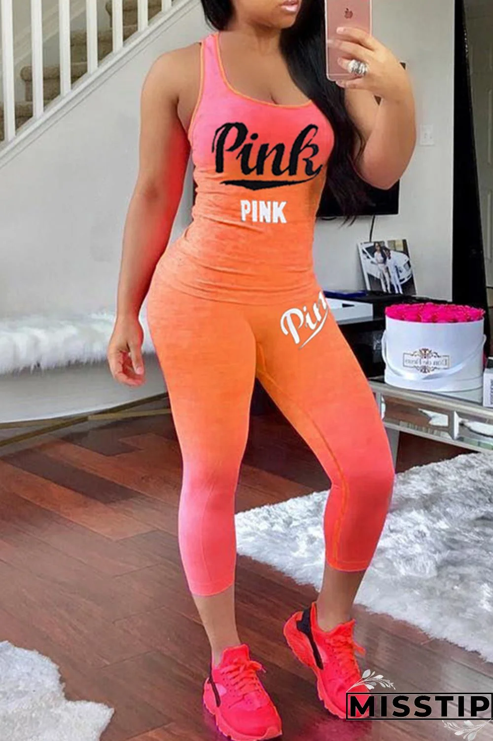 Blue Fashion Sportswear Letter Print Basic O Neck Sleeveless Two Pieces