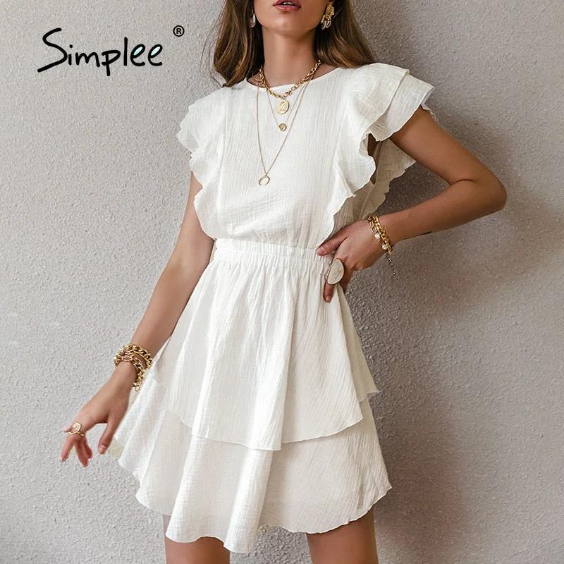 Simplee White Cotton female chic Dresses Fashion Solid Ruffled Mid-length High-waist Vestidos Sleeveless Summer women Dress 2021