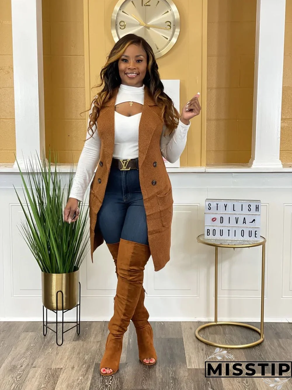 Solid Color Sleeveless knit Sweater Vest Cardigan