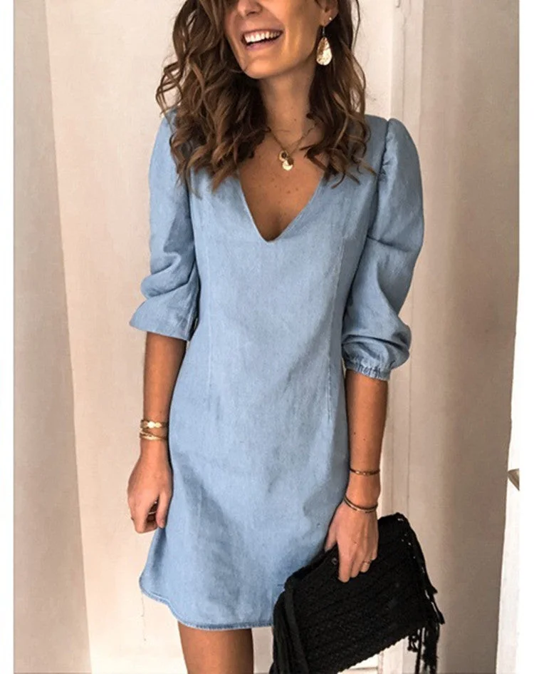 Brownm Regular Sleeve Deep V-neck Sexy Solid Color Versatile Casual Dress