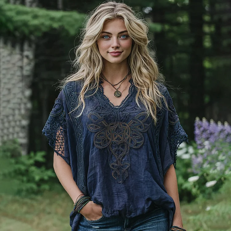 Women's Retro Viking Celtic Knot Lace Art Linen T-shirt