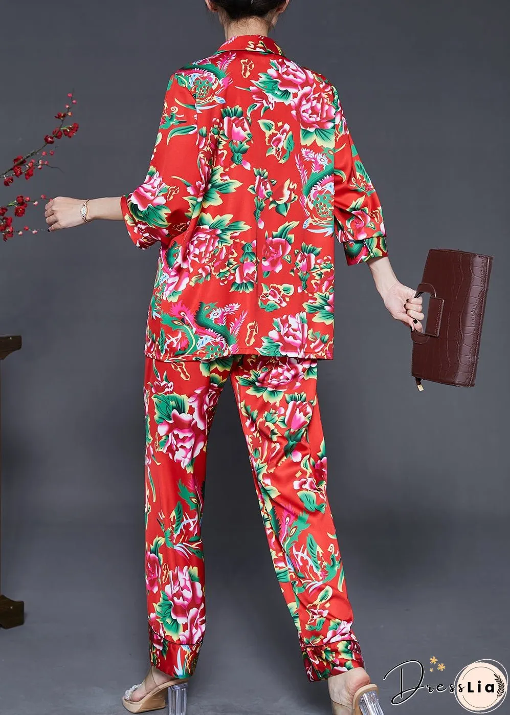 Vintage Red Peter Pan Collar Print Draping Silk Two Piece Set Fall