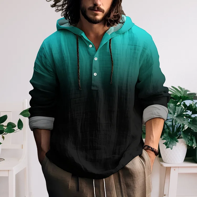 Men's two-tone Hooded Half Open  Made Of Linen Fabric Sweatershirt