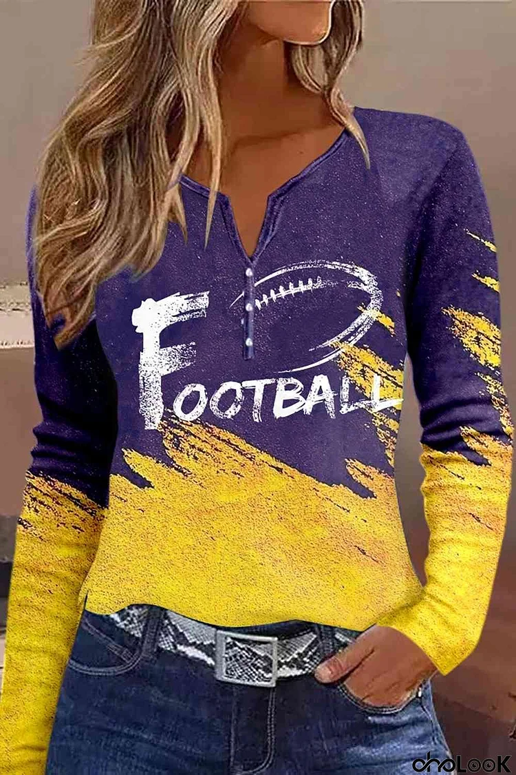 FOOTBALL Graphic Notched Neck Long Sleeve T-Shirt