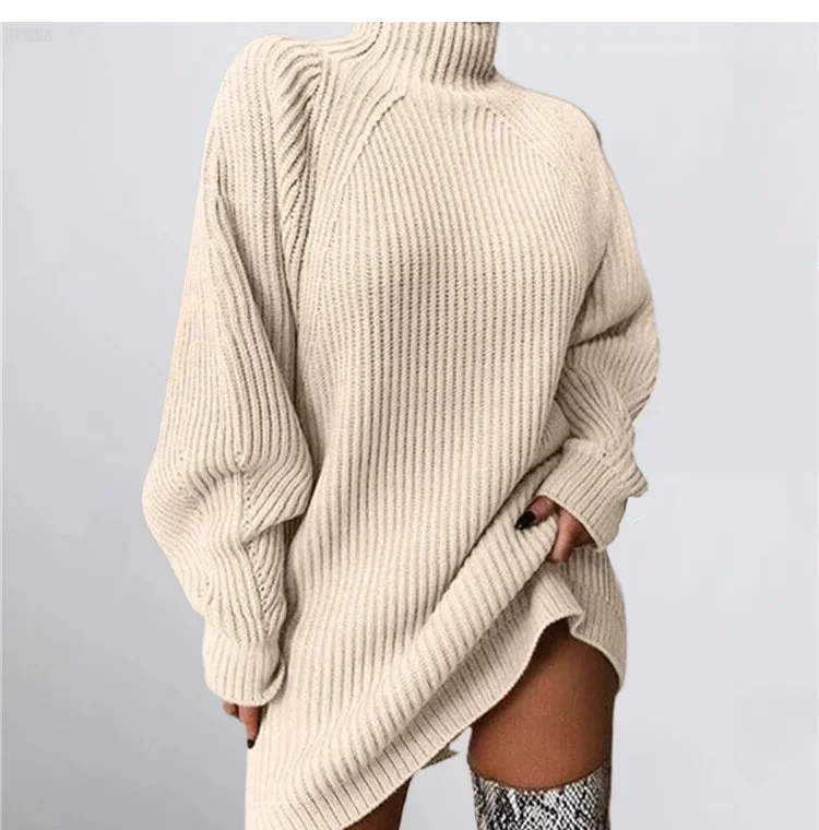 Tlbang and Winter New Women's Knitwear Pullover Mid-length Raglan Sleeves Half Turtleneck Sweater Dress Loose and Soft