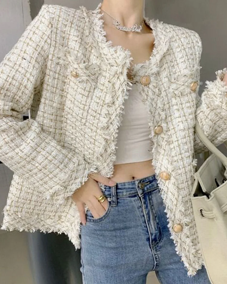 Women's Tweed Jacket Gold Button Tassels