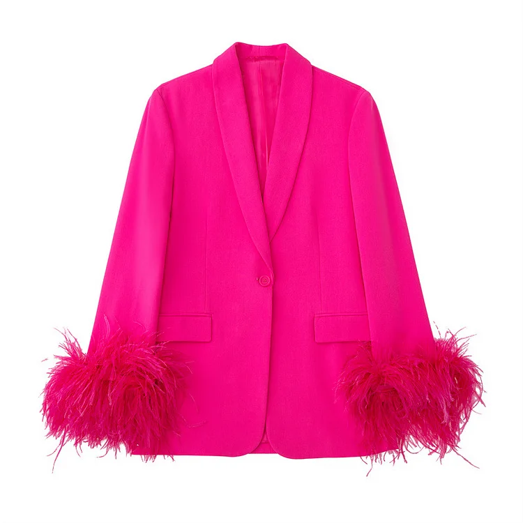 Pink Feathered  Blazer Two Piece Set