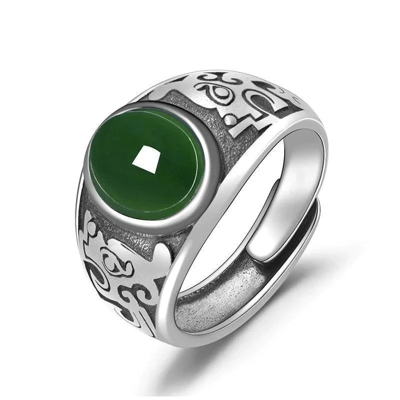 Natural Hetian Jade Men's Ring with Vintage Green Gemstone Design, Adjustable S925 Sterling Silver Band
