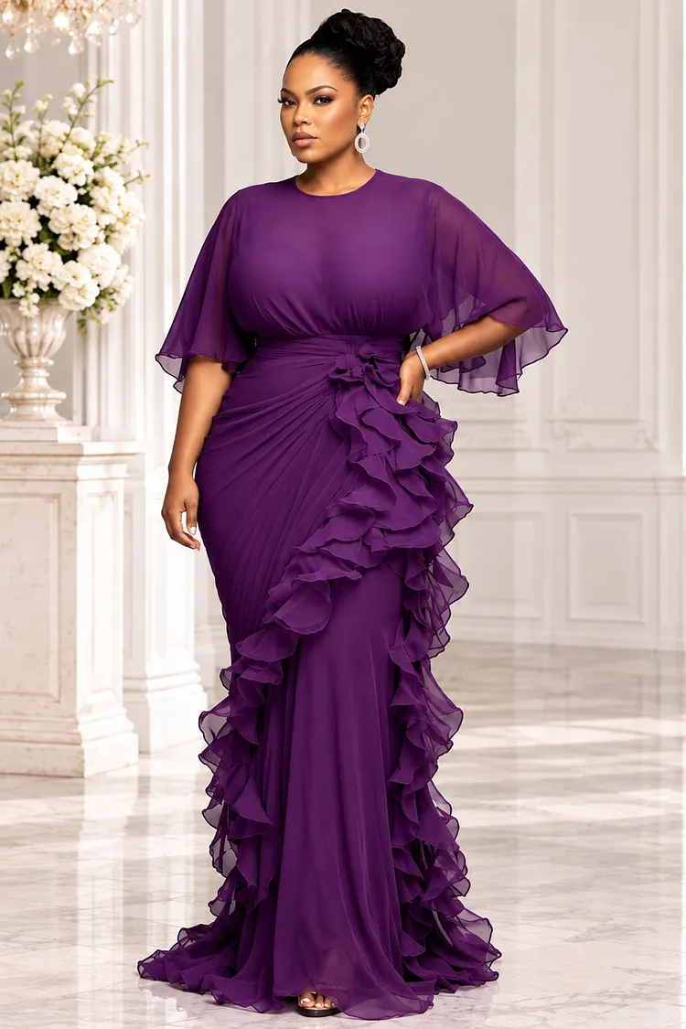 Xpluswear Design Plus Size Formal Purple Round Neck Short Sleeve Ruffle Chiffon Maxi Dresses [Pre-Order] 2024 - Xpluswear