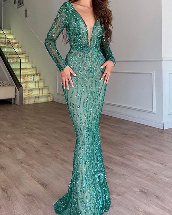 Women's Sexy Long sleeve Sequined Lace Fishtail Evening Dress S-XXL
